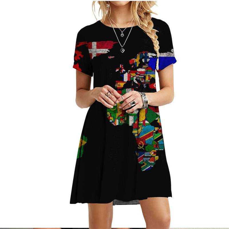 2024 sommer Frauen Kleid Weltkarte Drucken Kurzarm Oansatz Beiläufige Lose Kleid Fashion Street Damen Übergroße Kleidung Vestidos XL von Joom DACH