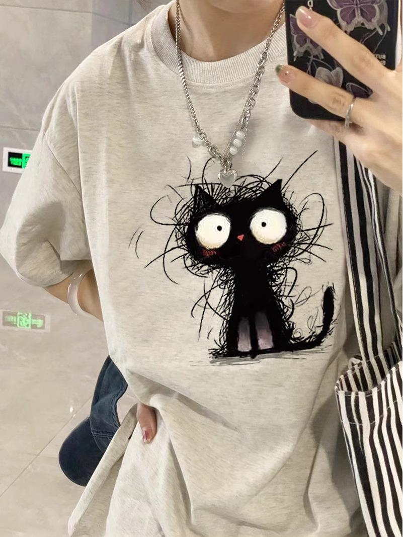 2025 Damen Oversized Baumwoll-T-Shirt: Amerikanischer Stil, Kurzärmelig, Locker geschnitten L (101-115 lbs) weiß/graue von Joom DACH