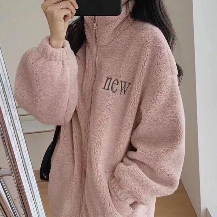 2025 Damen Rosa Lammwollmantel: Herbst/Winter Koreanischer Stil, Lockere Passform, Reißverschluss, Dicker warmer Fleecepullover 2XL rosa von Joom DACH