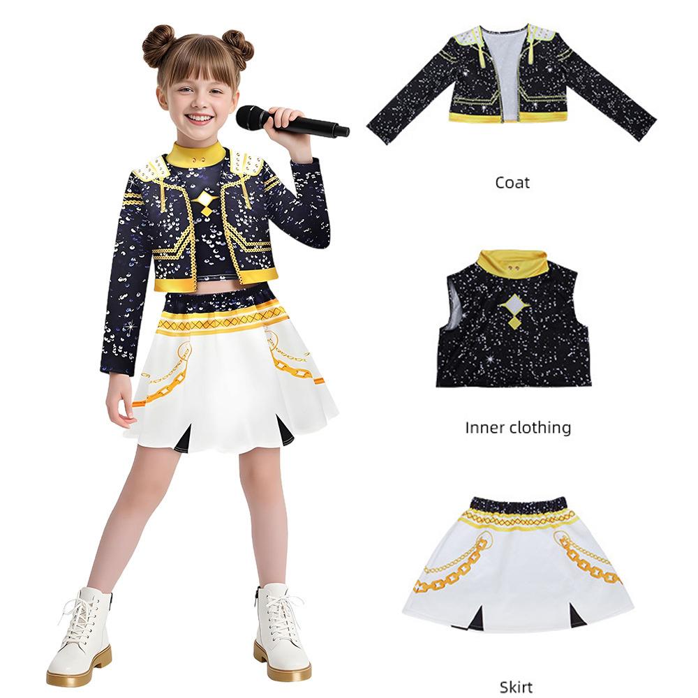 2025 Film Dämon K Pop Zoey Cosplay Kostüm für Mädchen Halloween Karneval Weiß Jägerjacke Weste Rock Dreiteiliges Uniformset 130 CM von Joom DACH