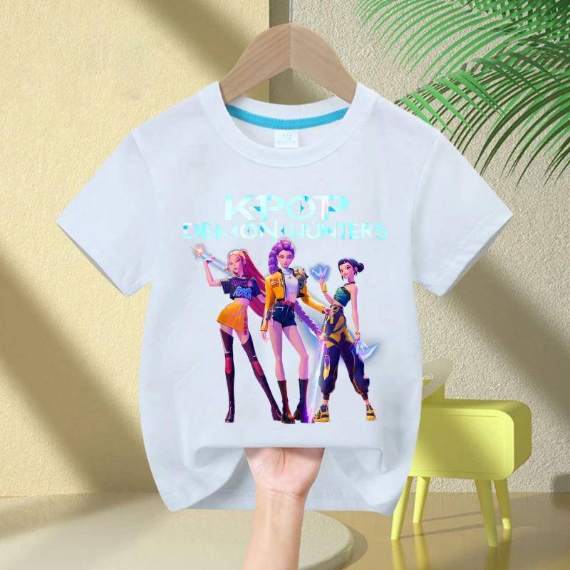 2025 Film Rundhals Cartoon Mädchen Jungen T-Shirt Kinder T-Shirt KPop Dämonenjäger Print Mode Lässige Oberteile Lässige Baby Mädchen Kleidung 140cm von Joom DACH