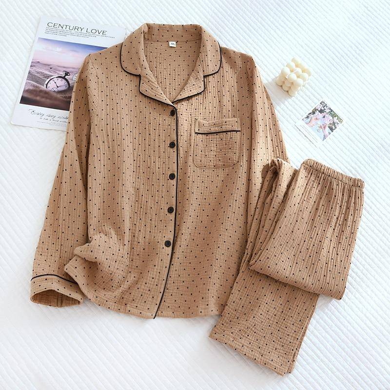 2025 Frühjahr und Herbst Neues Damen-Pyjama-Set 100% Baumwollkrepp Langarmhose zweiteiliger süßer Polka Dot-Homewear-dünnes Set M braun von Joom DACH