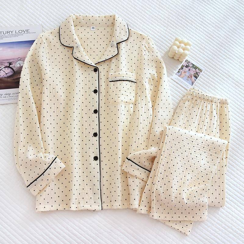 2025 Frühjahr und Herbst Neues Damen-Pyjama-Set 100% Baumwollkrepp Langarmhose zweiteiliger süßer Polka Dot-Homewear-dünnes Set XL beige von Joom DACH