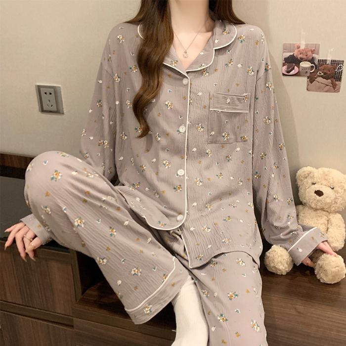2025 Frühling Herbst Damen Pyjama Set Blumendruck Pyjama für Frauen Langarm Nachtwäsche Freizeit Nachtwäsche Homewear M von Joom DACH