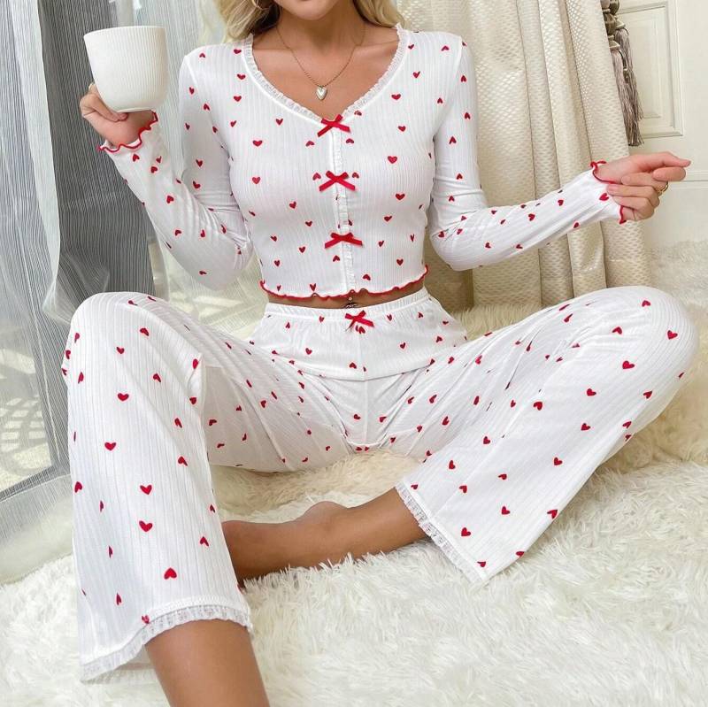2025 Frühling Herbst Nachtwäsche-Sets Damen Spitze V-Ausschnitt Pyjama Set Schleife Herz Print Langen Ärmeln Pullover & Hose Loungewear Outfit L von Joom DACH