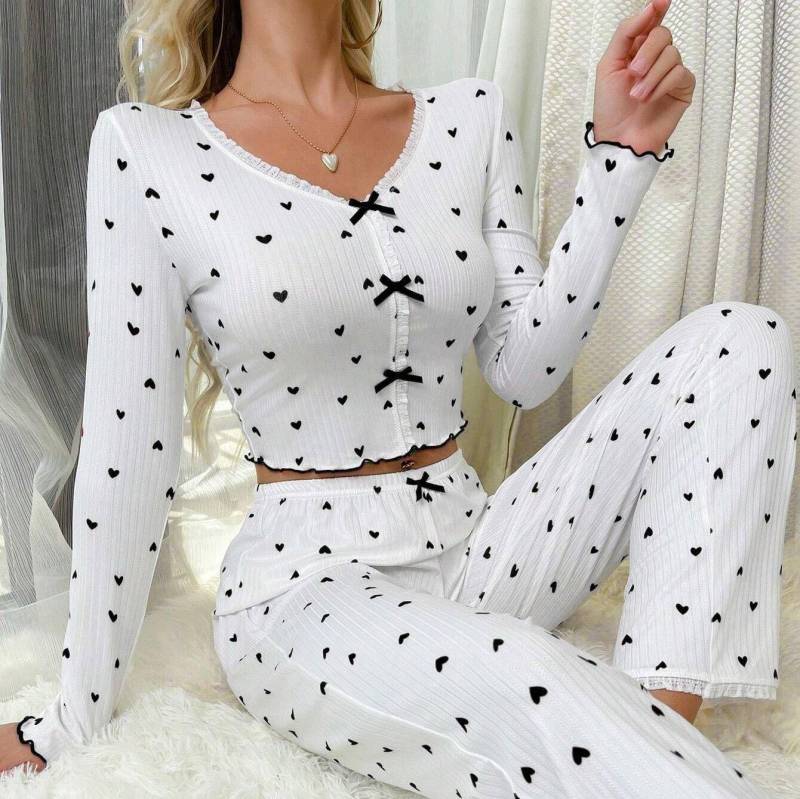 2025 Frühling Herbst Nachtwäsche-Sets Damen Spitze V-Ausschnitt Pyjama Set Schleife Herz Print Langen Ärmeln Pullover & Hose Loungewear Outfit L von Joom DACH