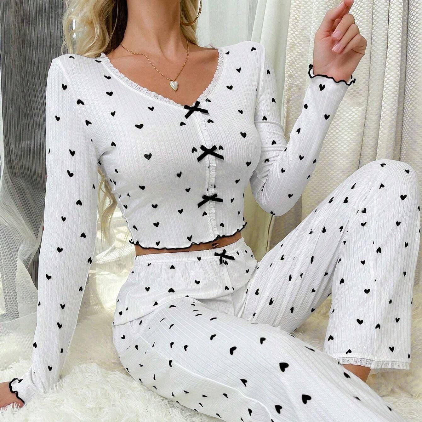 2025 Frühling Herbst Nachtwäsche-Sets Damen Spitze V-Ausschnitt Pyjama Set Schleife Herz Print Langen Ärmeln Pullover & Hose Loungewear Outfit XL von Joom DACH