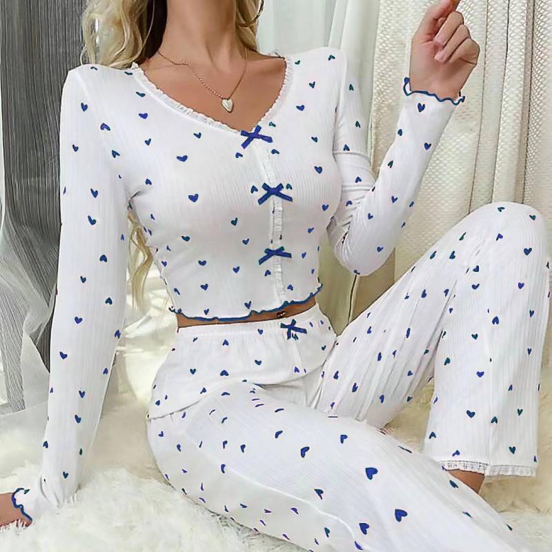 2025 Frühling Herbst Nachtwäsche-Sets Damen Spitze V-Ausschnitt Pyjama Set Schleife Herz Print Langen Ärmeln Pullover & Hose Loungewear Outfit XL von Joom DACH