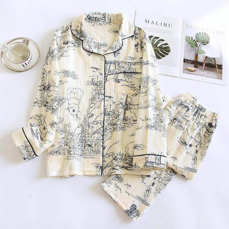 2025 Frühling und Herbst Neue Pyjama-Set für Damen 100% Baumwollkrepp Langarmhose Niedlich Home Fury Zweiteiliges Set Pyjamas Damen M von Joom DACH