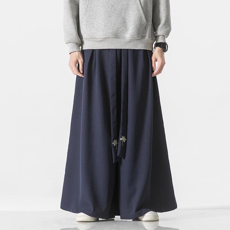 2025 Frühlingssommer Männer Leinenhose mit weitem Bein Männer im chinesischen Stil bestickte breite Hosen männliche Streetwear Tai Chi Kung Fu Hose XL dunkelblau von Joom DACH