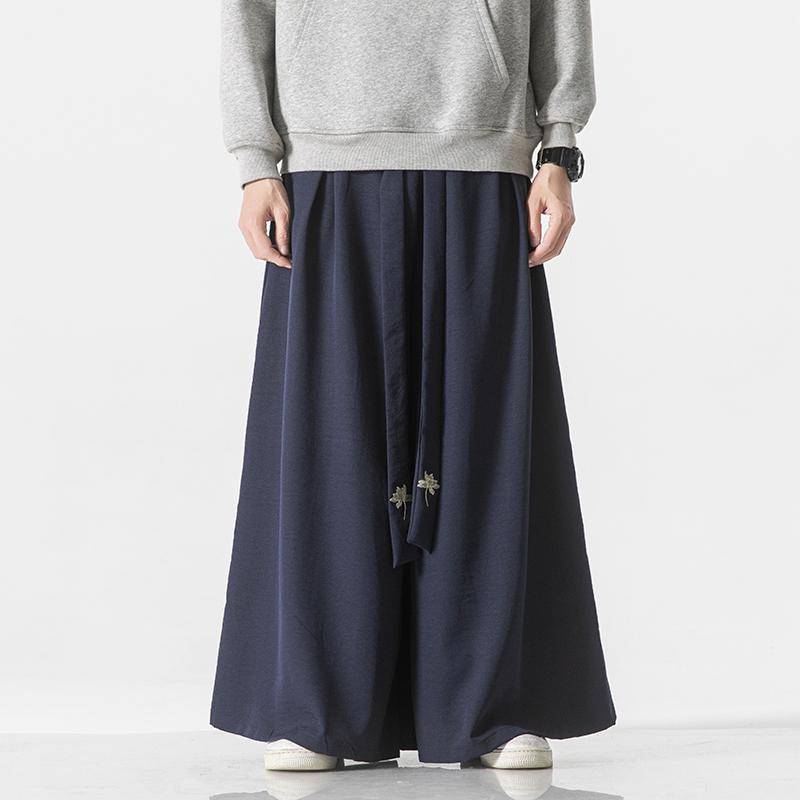 2025 Frühlingssommer Männer Leinenhose mit weitem Bein Männer im chinesischen Stil bestickte breite Hosen männliche Streetwear Tai Chi Kung Fu Hose XL dunkelblau von Joom DACH