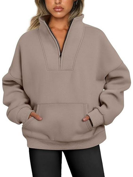 2025 Herbst/Winter Damen Casual Stehkragen Fleece-Sweatshirt mit Taschen und Reißverschluss. S khaki von Joom DACH
