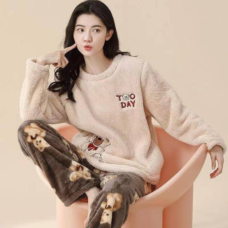 2025 Herbst Winter Warmer Flanell Damen Pyjama Sets Dickes Korallenvlies Langarm Cartoon Nachtwäsche Flanell Pyjama Set für Mädchen 2XL von Joom DACH