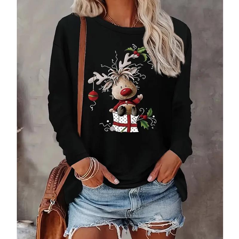 2025 Herbst & Winter Damen Neues Lässiges Rundhals Langarm Oberteil 3D Weihnachtsmuster 8XL schwarz von Joom DACH