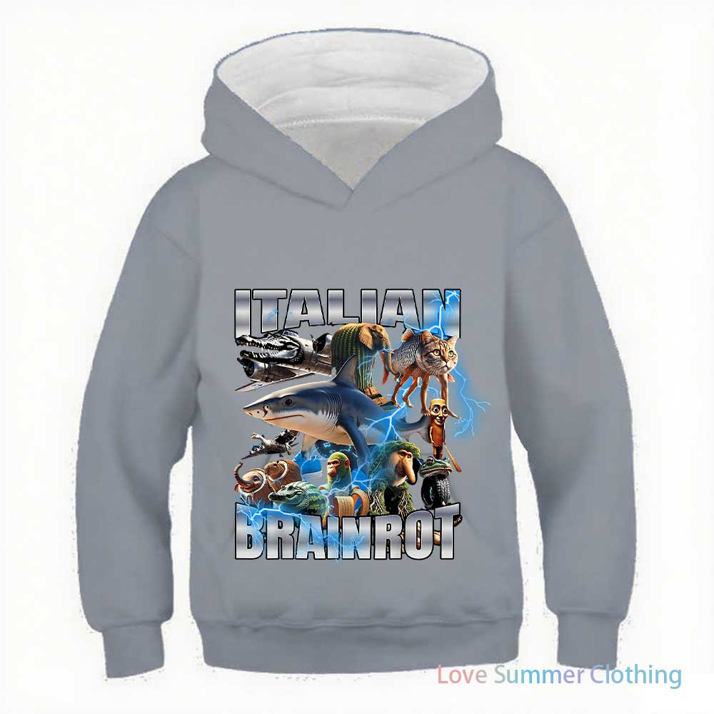 2025 Italienischer Hirnfraß Lustiger Kinder-Hoodie Jungen Tralalero Tralala Tung Tung Sahur Bombardiro Krokodil Brr Brr Cappuccino-Hoodie 120 von Joom DACH