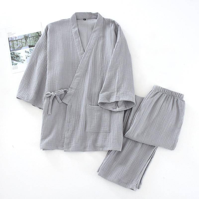 2025 Japanisches Kimono-Set, 100 % Baumwolle, Pyjama, zweiteilig, Yukata, lockerer Schweißanzug für Herren, Home-Service-Set L von Joom DACH