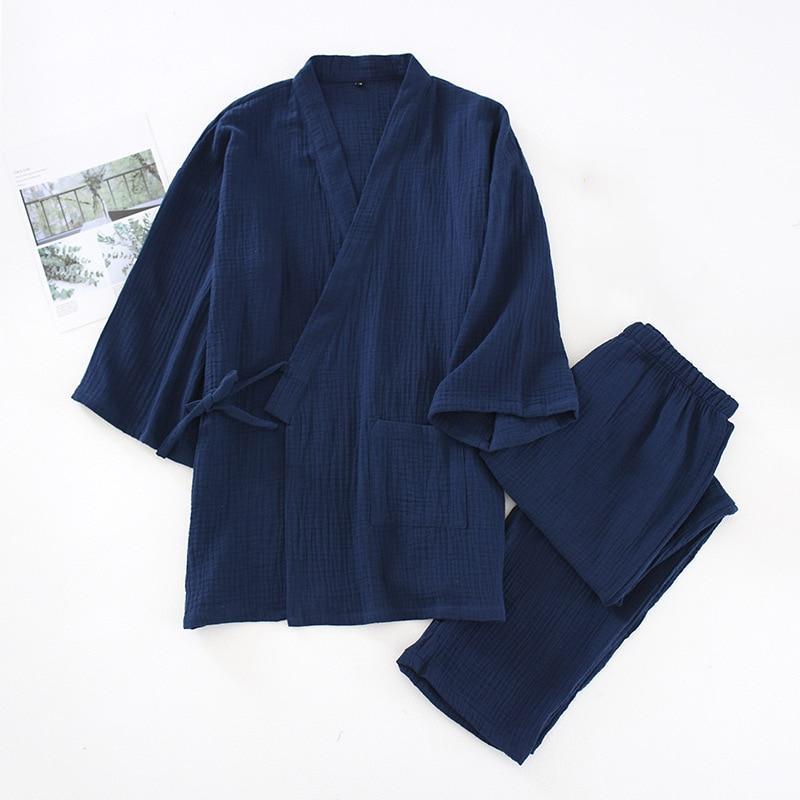 2025 Japanisches Kimono-Set, 100 % Baumwolle, Pyjama, zweiteilig, Yukata, lockerer Schweißanzug für Herren, Home-Service-Set M von Joom DACH