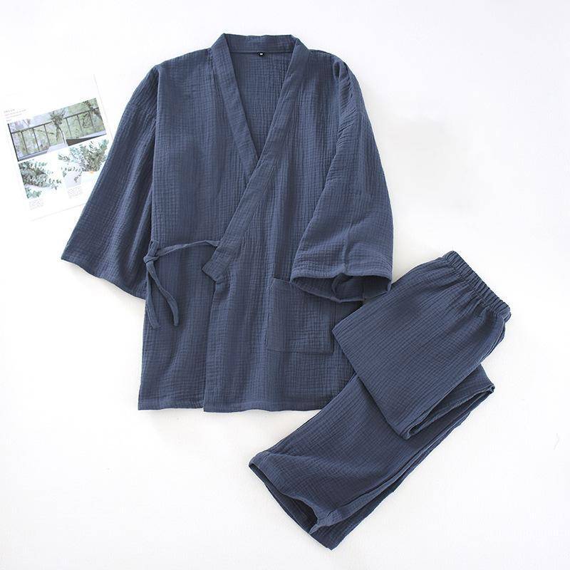2025 Japanisches Kimono-Set, 100 % Baumwolle, Pyjama, zweiteilig, Yukata, lockerer Schweißanzug für Herren, Home-Service-Set XL von Joom DACH