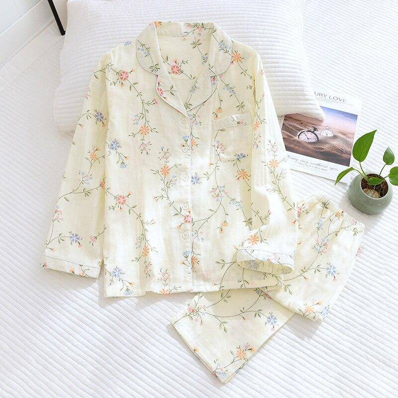 2025 Kimono Femme Maple Leaf Pyjama Sets Frauen 100% Gaze Baumwolle Langarm Casual Nachtwäsche Frauen Pyjamas L von Joom DACH