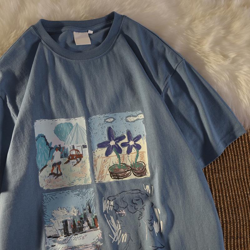 2025 Lockeres Vintage-Kurzarm-T-Shirt im koreanischen Stil für Damen – Hong Kong Street Fashion 2XL graue/blau 2025 Lockeres Vintage-Kurzarm-T-Shirt im koreanischen Stil für Damen – Hong Kong Street Fashion 2XL graue/blau von Joom DACH