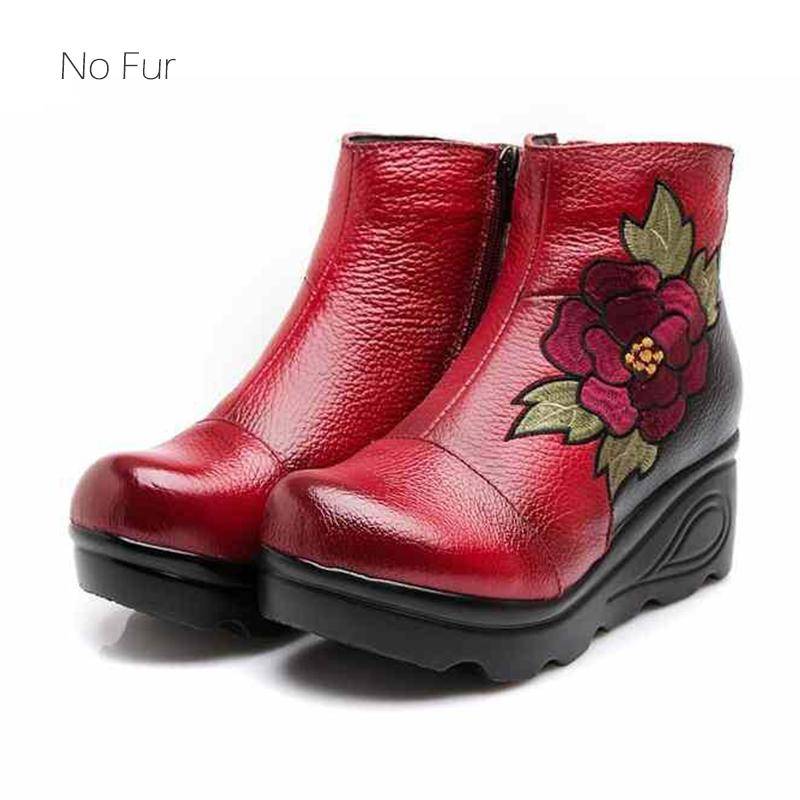 2025 Luxus Echtes Leder Knöchel Plattform Keil Bestickt Herbst Winter Frauen Plüsch Stiefel Ethnische ZIP Warme Schuhe 38 von Joom DACH