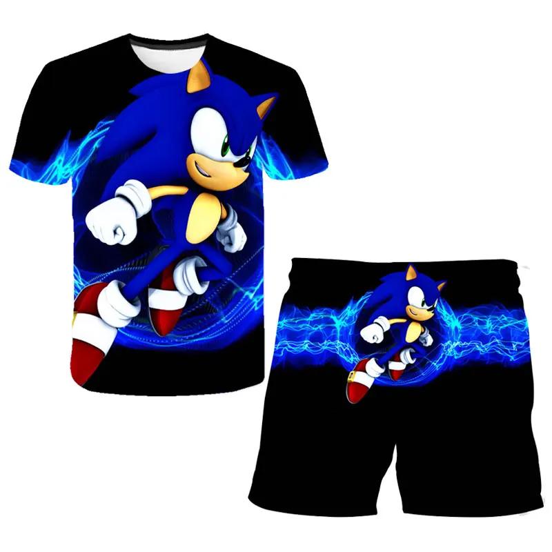 2025 MINISO Neue jungen und mädchen super sonic T-shirts + shorts Harajuku Sonic druck anzug T-shirt + shorts mode street style kinder kurzen ärmeln 110 von Joom DACH