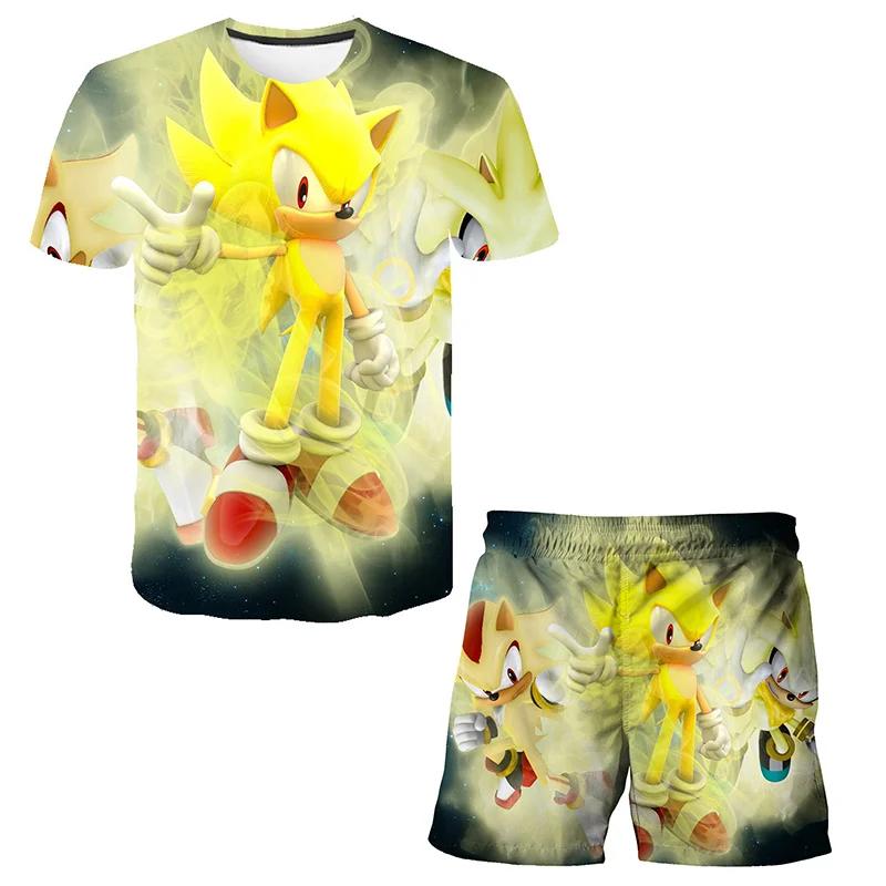 2025 MINISO Neue jungen und mädchen super sonic T-shirts + shorts Harajuku Sonic druck anzug T-shirt + shorts mode street style kinder kurzen ärmeln 120 von Joom DACH
