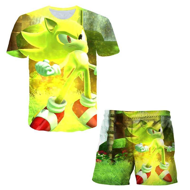 2025 MINISO Neue jungen und mädchen super sonic T-shirts + shorts Harajuku Sonic druck anzug T-shirt + shorts mode street style kinder kurzen ärmeln 130 von Joom DACH