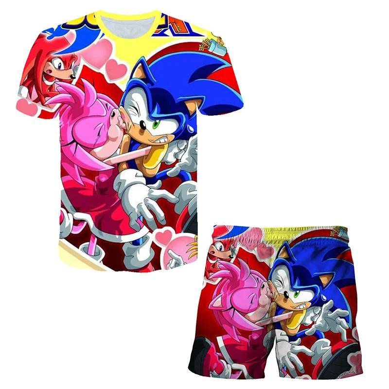 2025 MINISO Neue jungen und mädchen super sonic T-shirts + shorts Harajuku Sonic druck anzug T-shirt + shorts mode street style kinder kurzen ärmeln 130 von Joom DACH