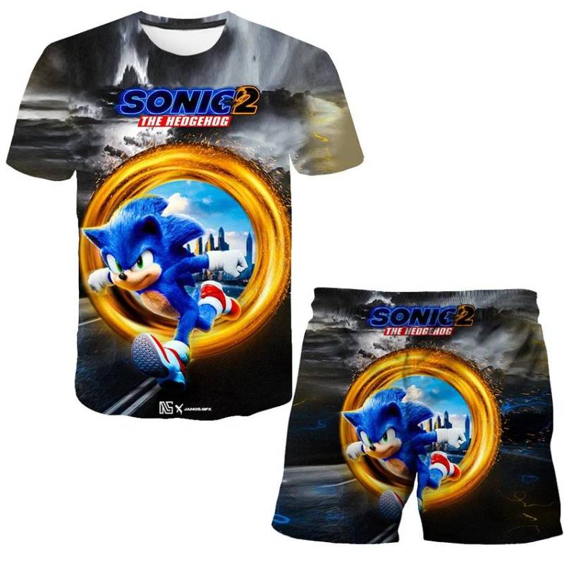 2025 MINISO Neue jungen und mädchen super sonic T-shirts + shorts Harajuku Sonic druck anzug T-shirt + shorts mode street style kinder kurzen ärmeln 140 von Joom DACH
