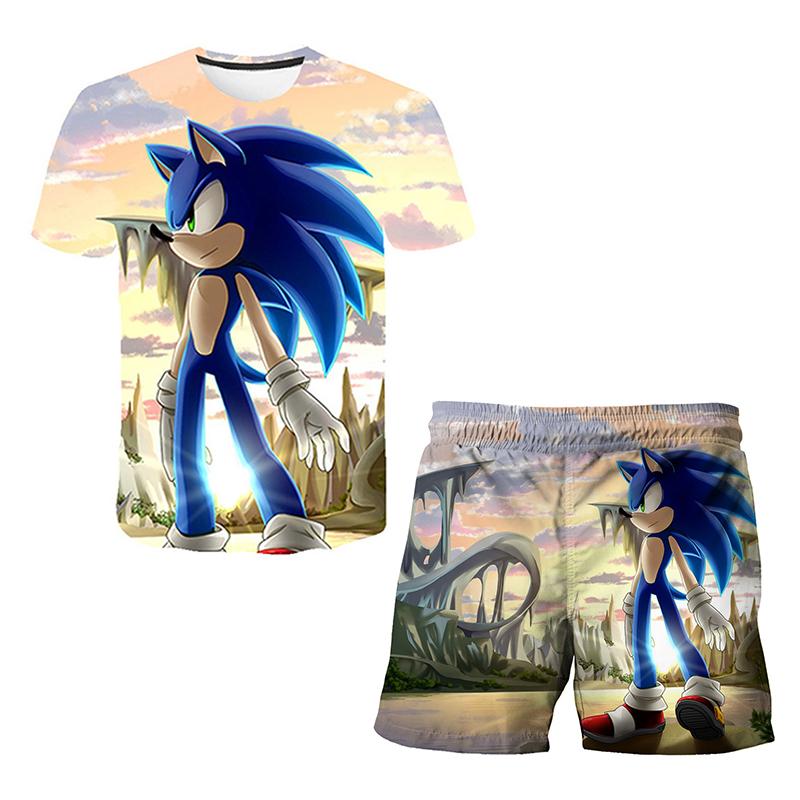 2025 MINISO New Japanese cartoon Sonic 2 T-shirt children's top shorts two-piece set summer boy cartoon cute SONIC T-shirt+beach pants 120 von Joom DACH