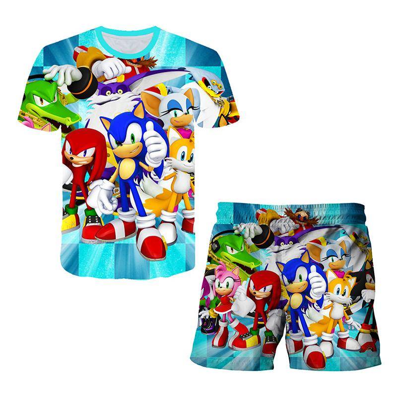 2025 MINISO New Japanese cartoon Sonic 2 T-shirt children's top shorts two-piece set summer boy cartoon cute SONIC T-shirt+beach pants 120 von Joom DACH