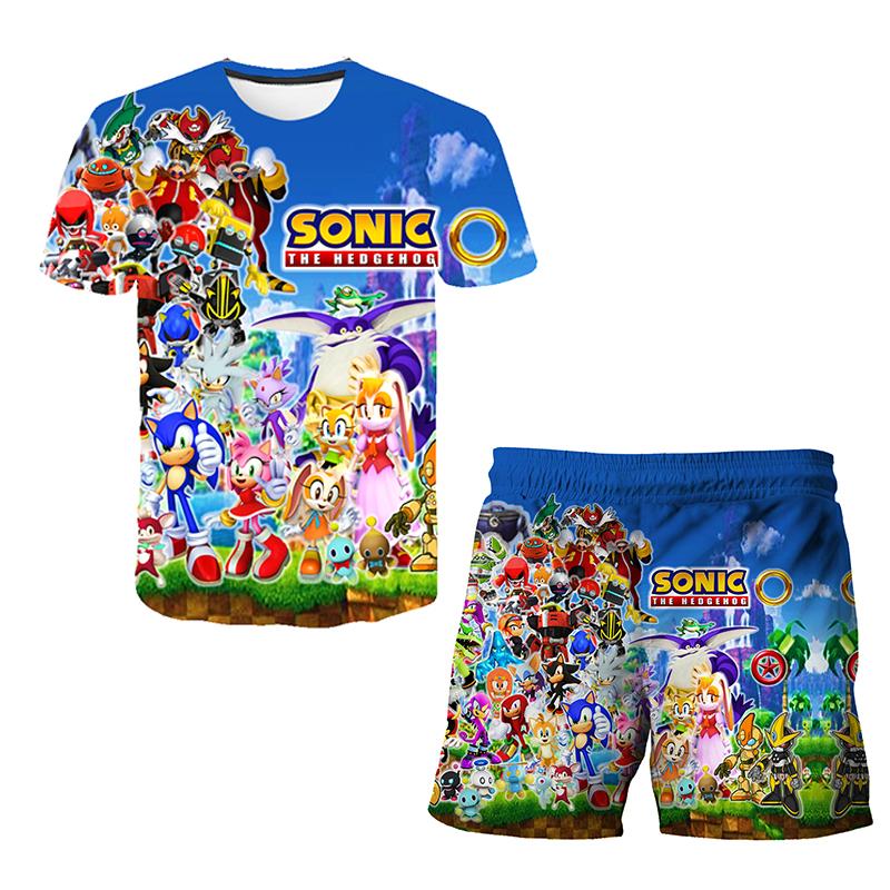 2025 MINISO New Japanese cartoon Sonic 2 T-shirt children's top shorts two-piece set summer boy cartoon cute SONIC T-shirt+beach pants 130 von Joom DACH