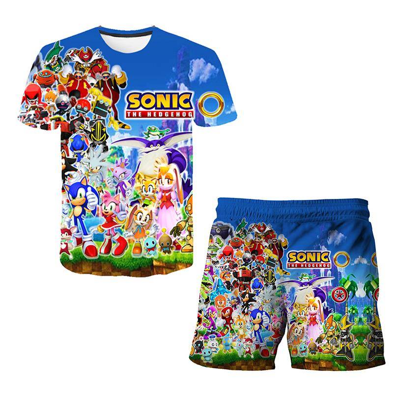 2025 MINISO New Japanese cartoon Sonic 2 T-shirt children's top shorts two-piece set summer boy cartoon cute SONIC T-shirt+beach pants 130 von Joom DACH