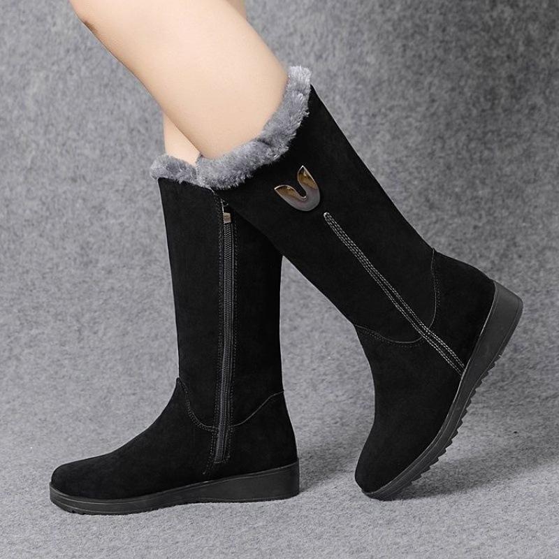 2025 Mode Damenstiefel Warme Chelsea High Fellstiefel Damen Winterschuhe für Damen Klobige Mid-Calf Plüsch Schnee Flache Stiefel 38 schwarz von Joom DACH