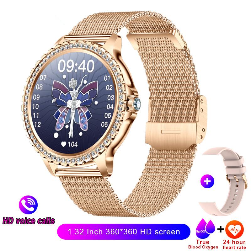 2025 Mode Luxus Gold Damen Smartwatch Herzfrequenz Blutsauerstoff Schlafüberwachung Diamantarmband Bluetooth-Anruf Smartwatch Damen Mesh belt gold von Joom DACH
