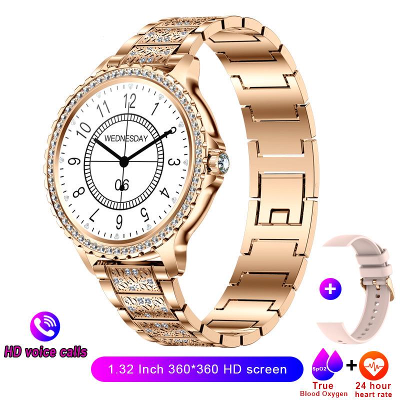 2025 Mode Luxus Gold Damen Smartwatch Herzfrequenz Blutsauerstoff Schlafüberwachung Diamantarmband Bluetooth-Anruf Smartwatch Damen Steel belt gold von Joom DACH