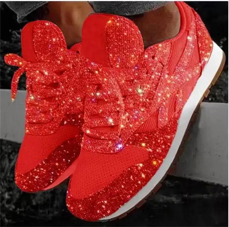 2025 Neue Damen Flache Sneaker Lässig Bling Vulkanisierte Schuhe Damen Mesh Schnürer Plateau Übergröße Mode Outdoor Damenschuhe 43 rot von Joom DACH