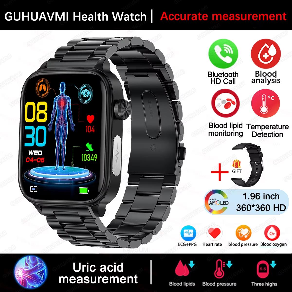 2025 Neue EKG+PPG Blutfett Harnsäure Gesundheits-Smartwatch Herren Damen Herzfrequenz Blutdruck Bluetooth Anruf Smartwatch für iOS Android Black-Steel von Joom DACH