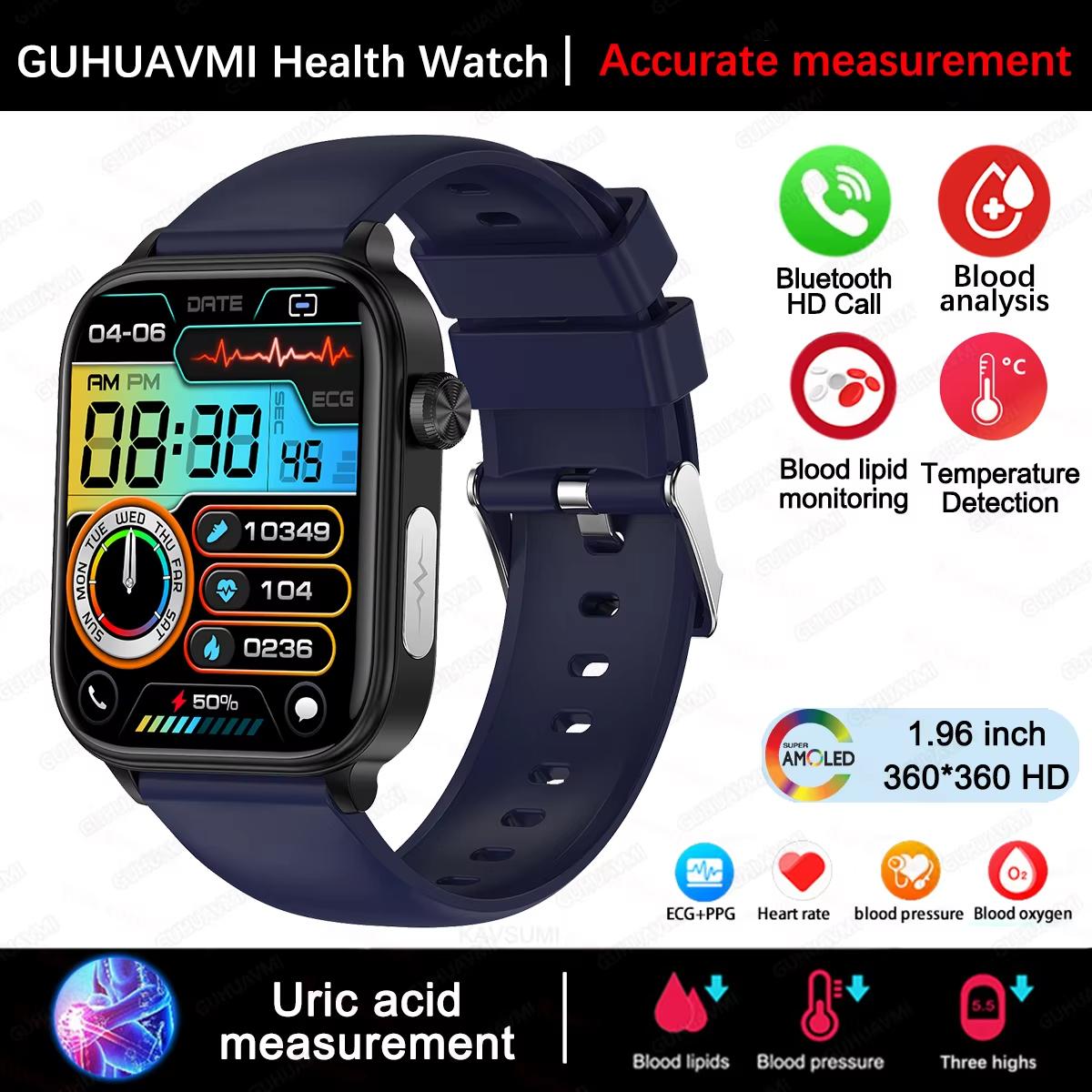 2025 Neue EKG+PPG Blutfett Harnsäure Gesundheits-Smartwatch Herren Damen Herzfrequenz Blutdruck Bluetooth Anruf Smartwatch für iOS Android Blue silicone belt von Joom DACH