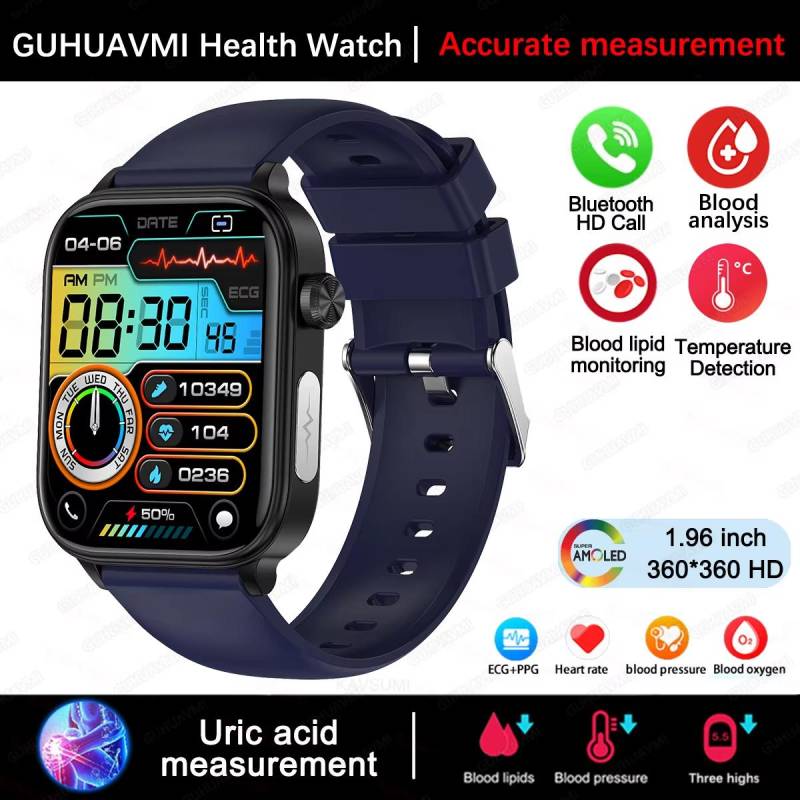 2025 Neue EKG+PPG Blutfett Harnsäure Gesundheits-Smartwatch Herren Damen Herzfrequenz Blutdruck Bluetooth Anruf Smartwatch für iOS Android Blue silicone belt von Joom DACH