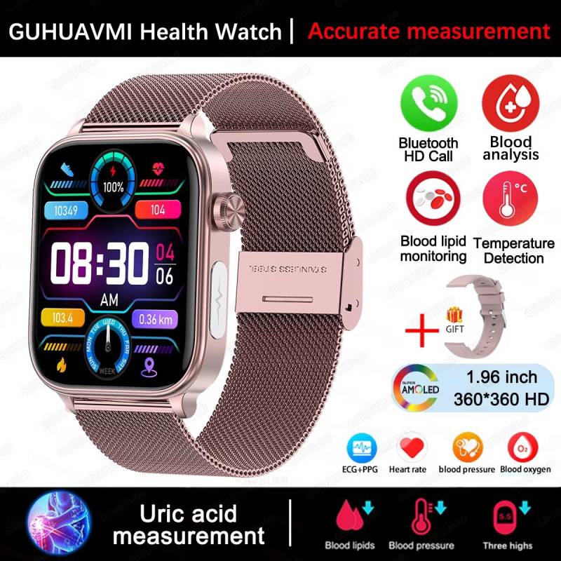 2025 Neue EKG+PPG Blutfett Harnsäure Gesundheits-Smartwatch Herren Damen Herzfrequenz Blutdruck Bluetooth Anruf Smartwatch für iOS Android Pink-Mesh-Belt von Joom DACH