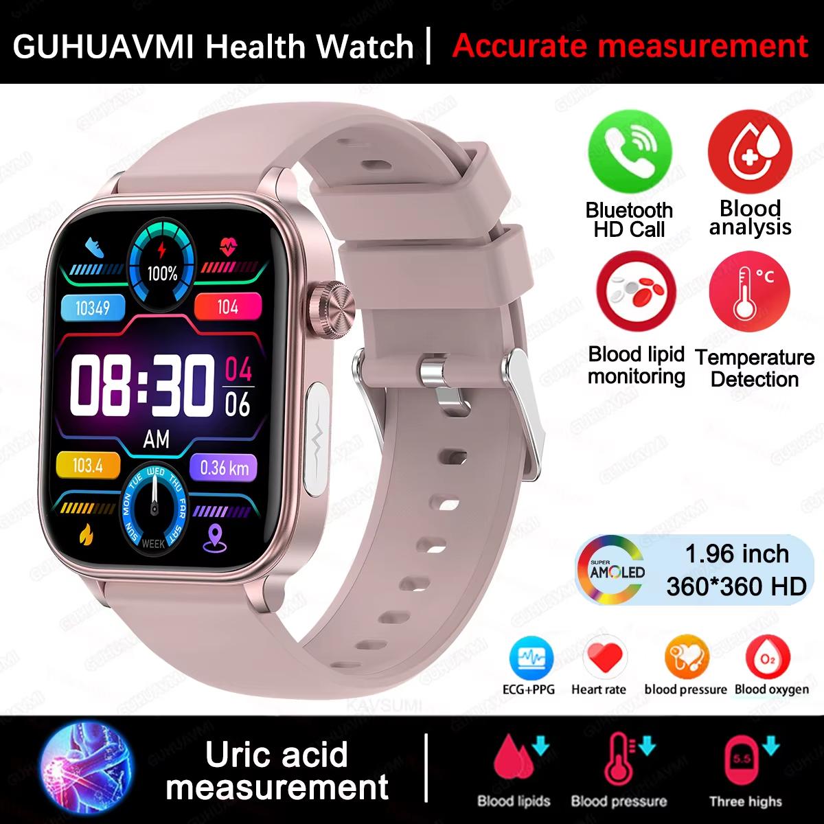 2025 Neue EKG+PPG Blutfett Harnsäure Gesundheits-Smartwatch Herren Damen Herzfrequenz Blutdruck Bluetooth Anruf Smartwatch für iOS Android Pink silicone belt von Joom DACH