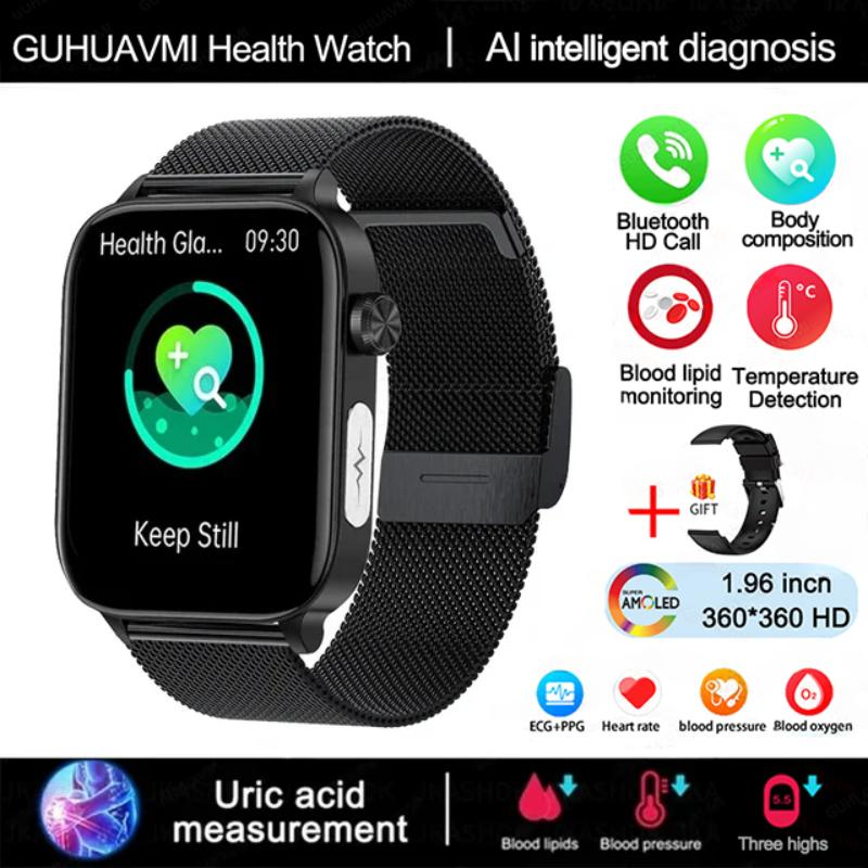 2025 Neue EKG+PPG Blutfett Harnsäure Gesundheits-Smartwatch Herren Herzfrequenz Blutdruck Bluetooth Anruf Smartwatch Damen Black-Mesh-Belt von Joom DACH