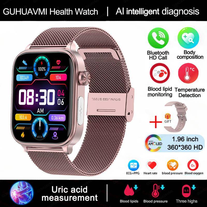 2025 Neue EKG+PPG Blutfett Harnsäure Gesundheits-Smartwatch Herren Herzfrequenz Blutdruck Bluetooth Anruf Smartwatch Damen Pink-Mesh-Belt von Joom DACH