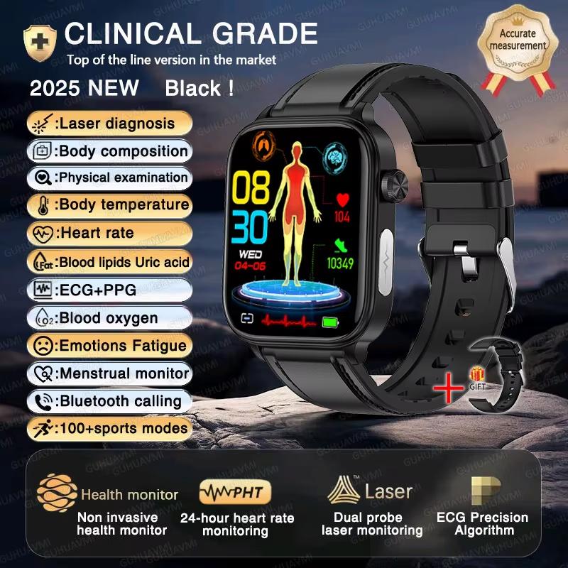 2025 Neue EKG+PPG KI Gesundheitsdiagnose Smartwatch Herren Damen Uhr Blutfett BD Harnsäure Herzfrequenz Tracker Black-Leather von Joom DACH