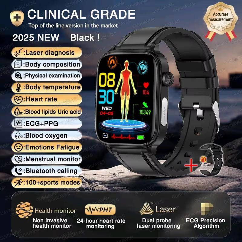 2025 Neue EKG+PPG KI Gesundheitsdiagnose Smartwatch Herren Damen Uhr Blutfett BD Harnsäure Herzfrequenz Tracker Black-Leather von Joom DACH