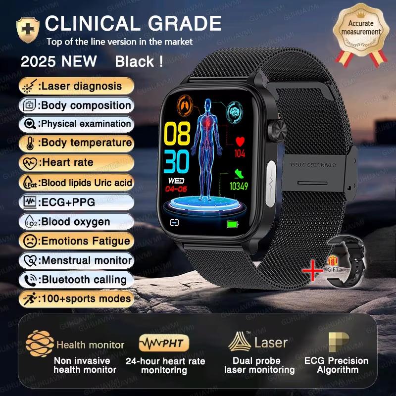 2025 Neue EKG+PPG KI Gesundheitsdiagnose Smartwatch Herren Damen Uhr Blutfett BD Harnsäure Herzfrequenz Tracker Black-Mesh-Belt von Joom DACH