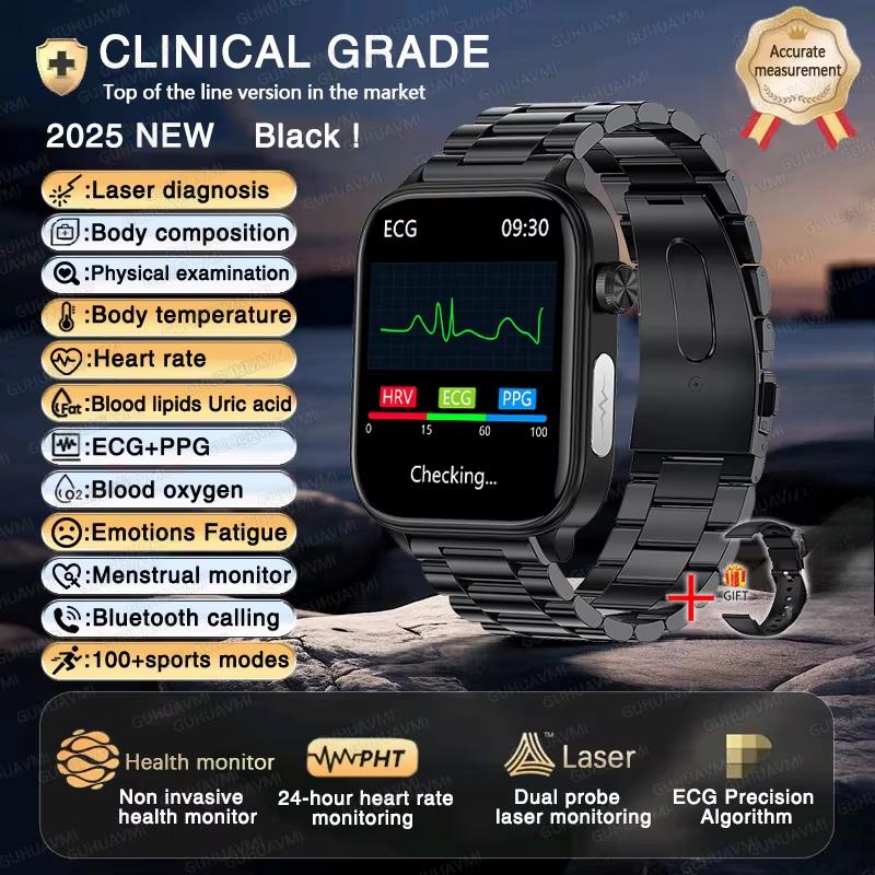 2025 Neue EKG+PPG KI Gesundheitsdiagnose Smartwatch Herren Damen Uhr Blutfett BD Harnsäure Herzfrequenz Tracker Black-Steel von Joom DACH