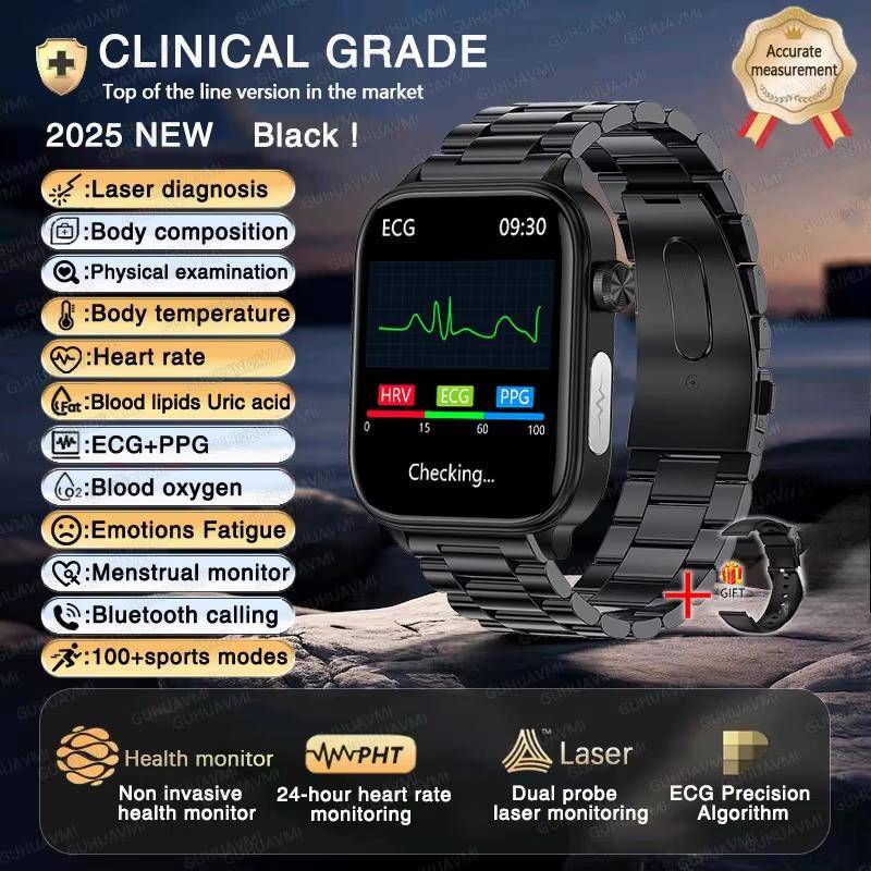 2025 Neue EKG+PPG KI Gesundheitsdiagnose Smartwatch Herren Damen Uhr Blutfett BD Harnsäure Herzfrequenz Tracker Black-Steel von Joom DACH
